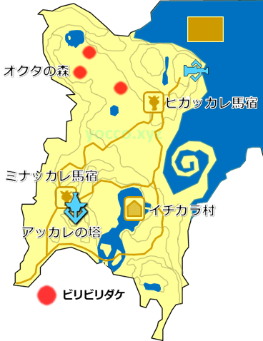アッカレ地方のビリビリダケの生息場所の地図