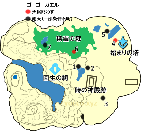 始まりの台地のゴーゴーガエルの生息場所の地図
