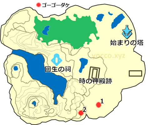 始まりの台地のゴーゴーダケの生息場所の地図