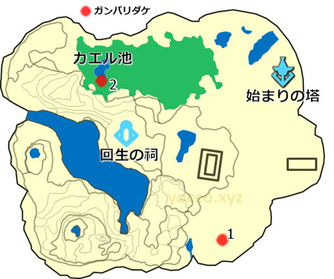 始まりの台地のガンバリダケの生息場所の地図