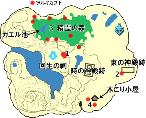 始まりの台地のツルギカブトの生息場所の地図