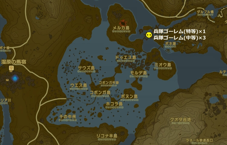 ラネール湿原のゴーレムの出現場所の地図