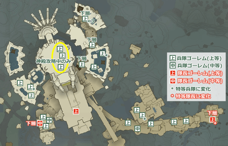 水の神殿のゴーレムの出現場所の地図