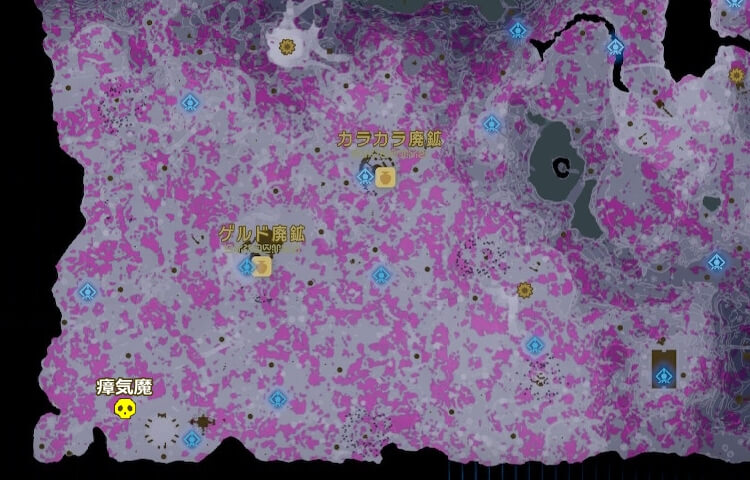 ゲルドの闇化石の瘴気魔の生息場所の地図