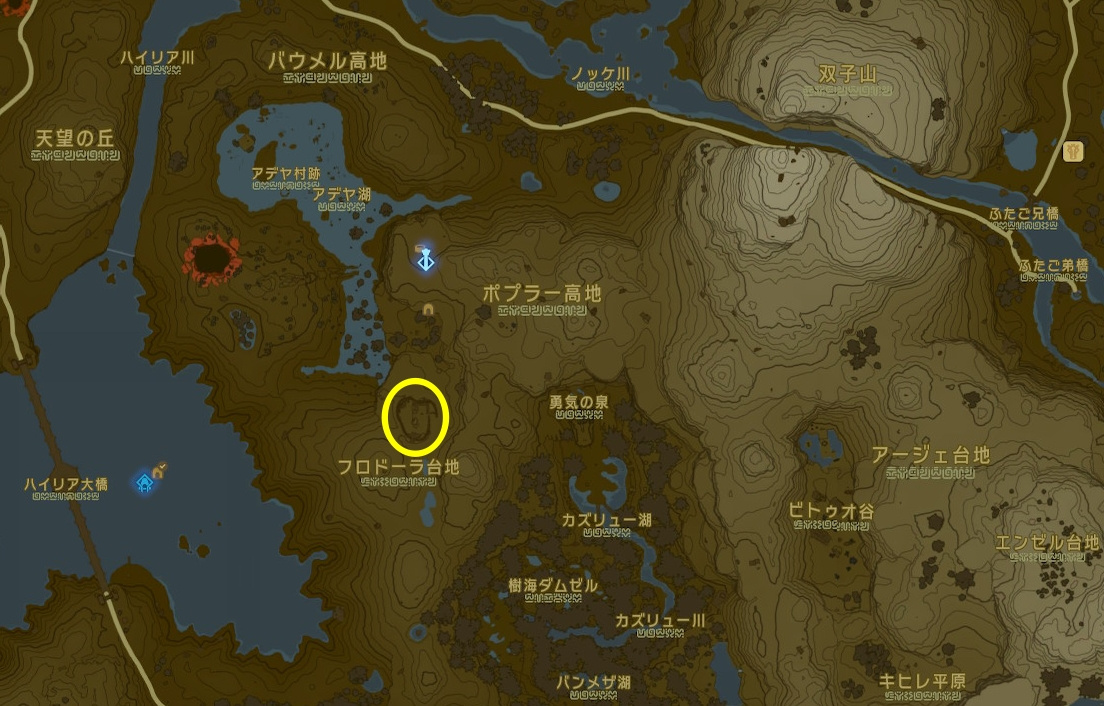 フロドーラ台地の魔物砦の場所の地図
