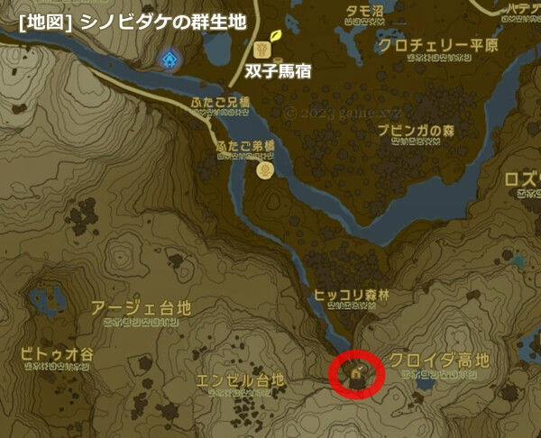 シノビダケの生息場所の地図（双子兄弟橋上流）