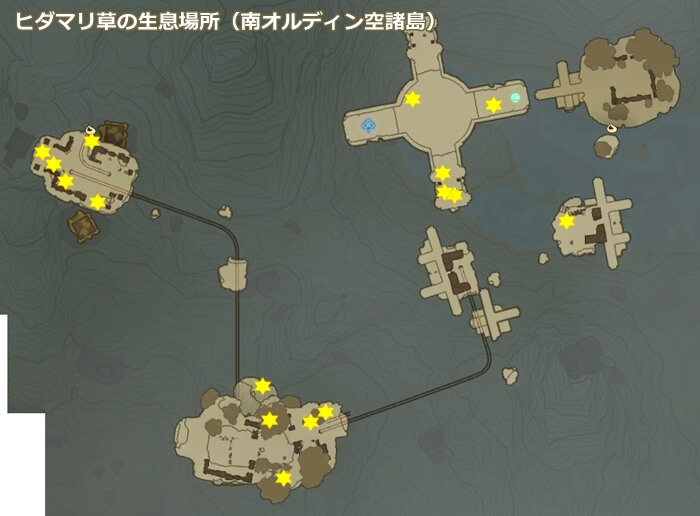 南オルディン空諸島のヒダマリ草の生息場所の地図